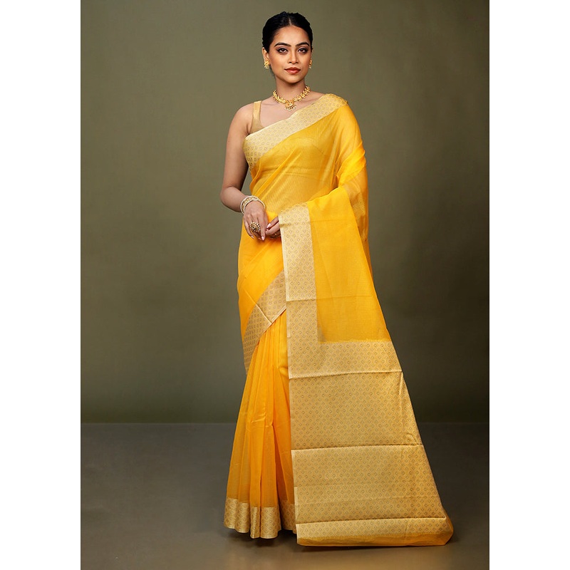 Yellow Kota Cotton Saree With Blouse Piece - JD986597661