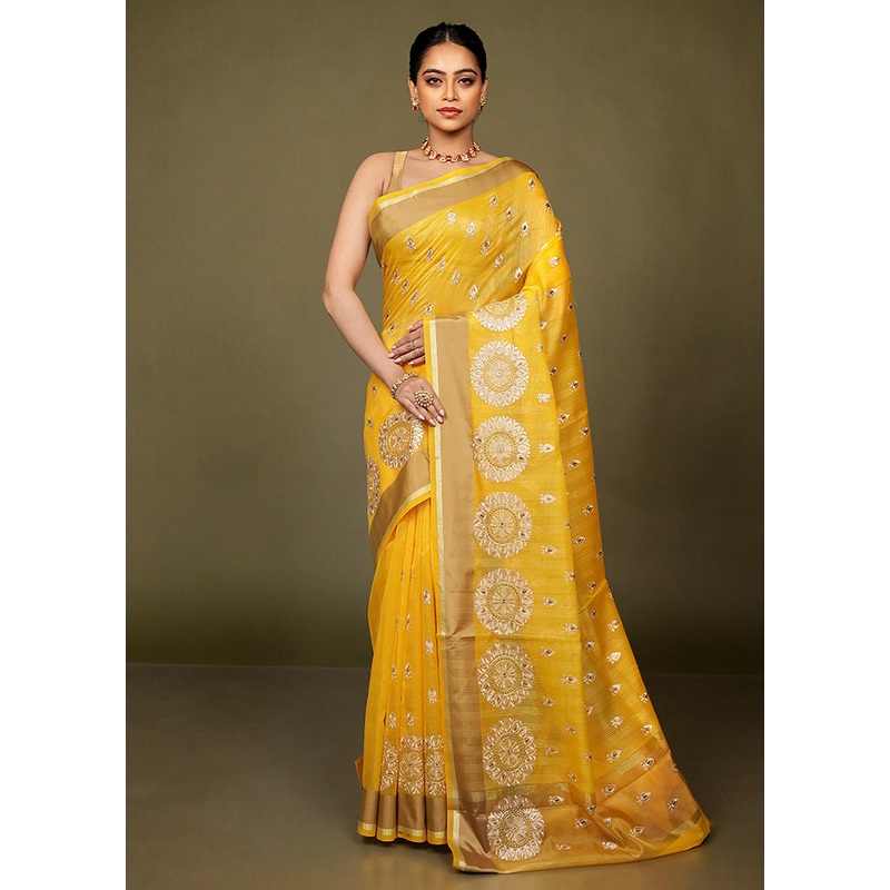 Yellow Kota Cotton Saree With Blouse Piece - JD986597662