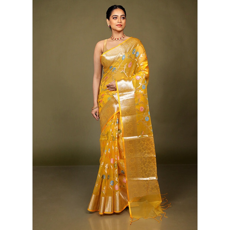 Yellow Organza Saree With Blouse Piece - JD986597660