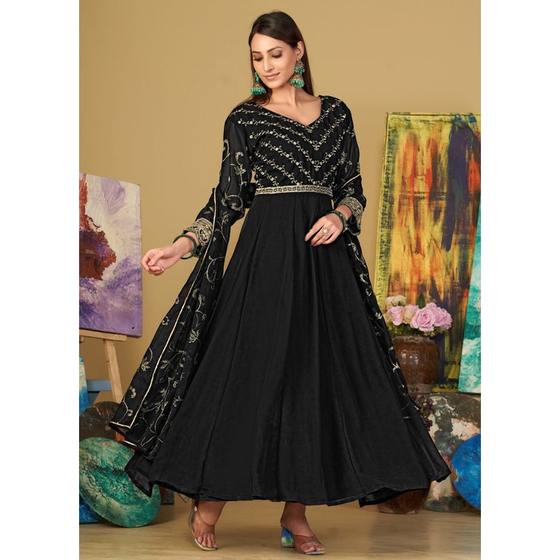 3 Pc Black Semi Stitched Georgette Suit Set - JD986597370
