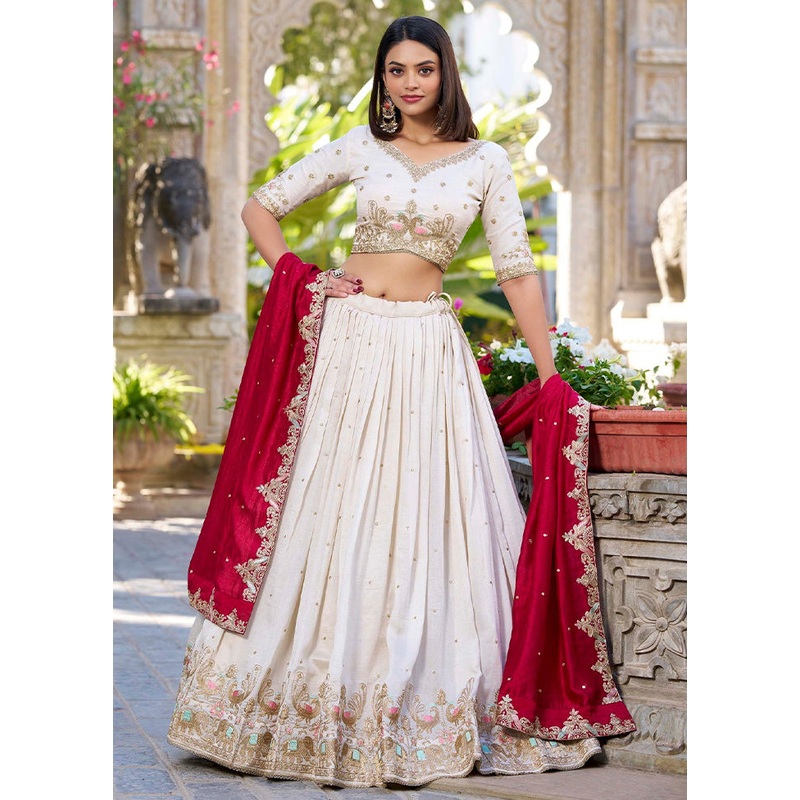 3 Pc Cream Silk Semi Stitched Lehenga Set - JD986597351