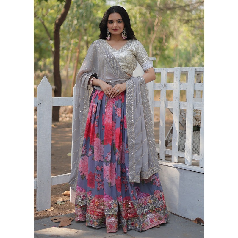 3 Pc Multicolor Georgette Semi Stitched Lehenga Set - JD986597348