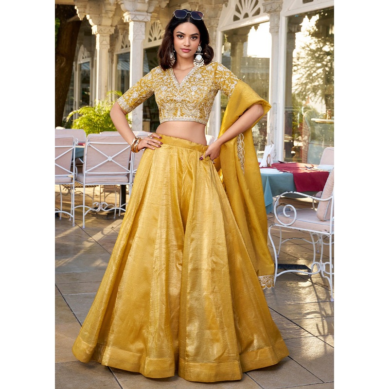 3 Pc Mustard Silk Semi Stitched Lehenga Set - JD986597346