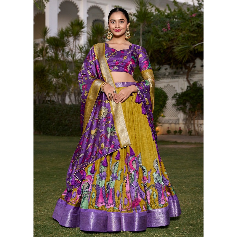 3 Pc Mustard Silk Semi Stitched Lehenga Set - JD986597347