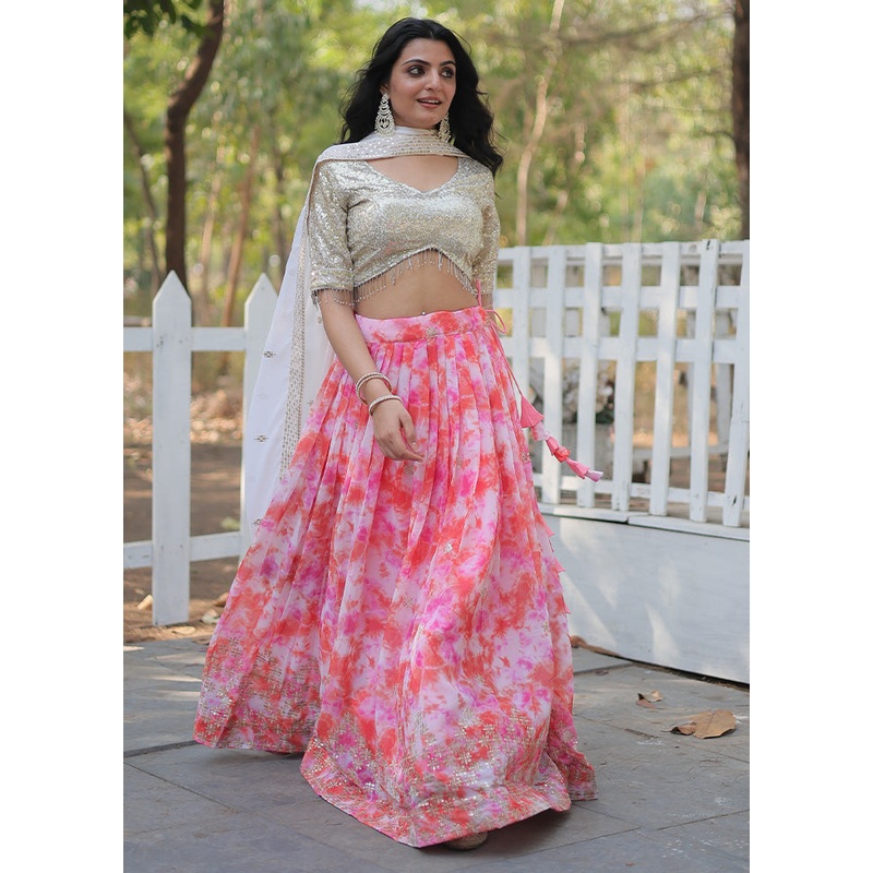 3 Pc Pink Georgette Semi Stitched Lehenga Set - JD986597345