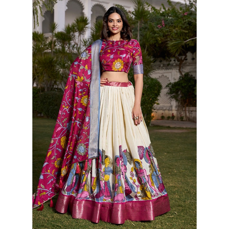 3 Pc White Silk Semi Stitched Lehenga Set - JD986597344