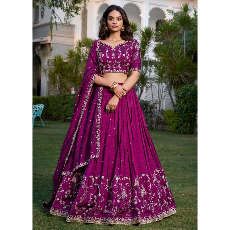 3 Pc Wine Silk Semi Stitched Lehenga Set - JD986597343