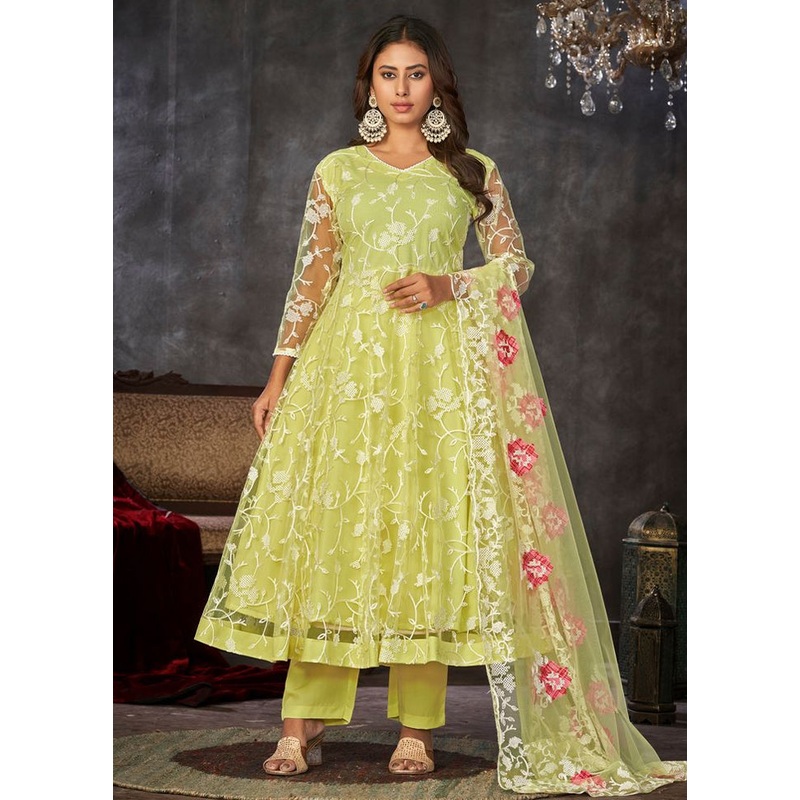 3 Pc Yellow Semi Stitched Net Suit Set - JD986597352