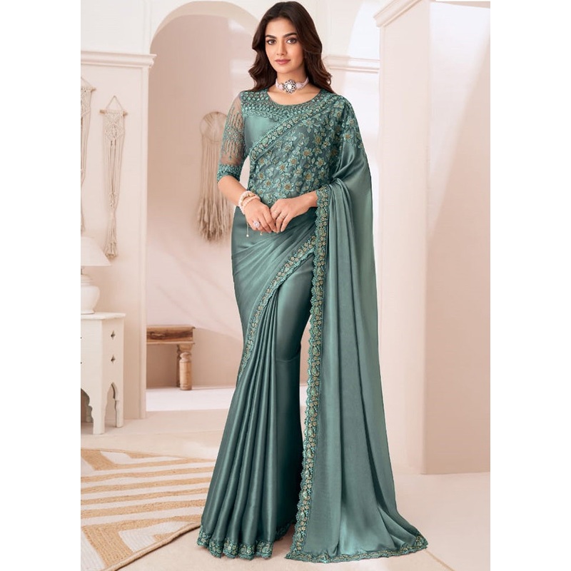 Aqua Satin Silk Saree With Blouse Piece - JD986597417