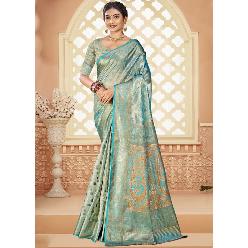 Aqua Spun Silk Saree With Blouse Piece - JD986597468