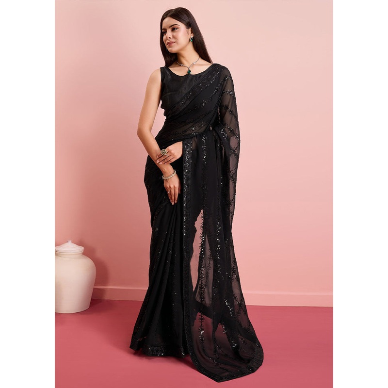 Black Georgette Saree With Blouse Piece - JD986597416