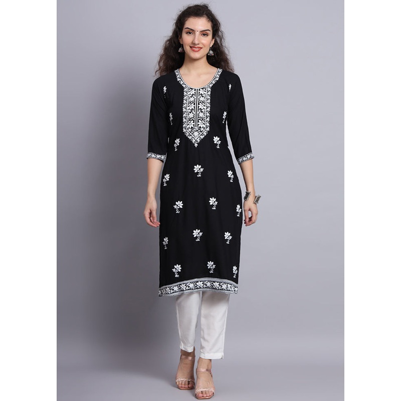 Black Readymade Rayon Chikankari Kurti - JD986597298