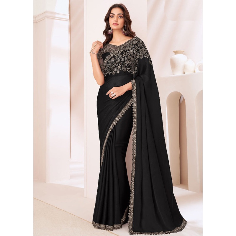 Black Satin Silk Saree With Blouse Piece - JD986597415