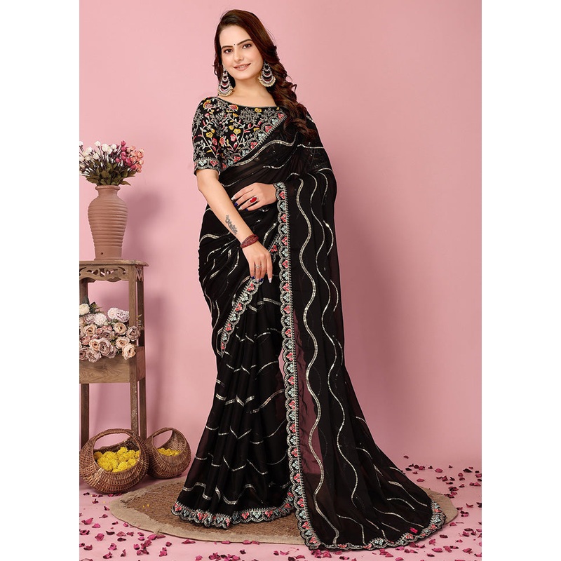 Black Spun Silk Saree With Blouse Piece - JD986597414