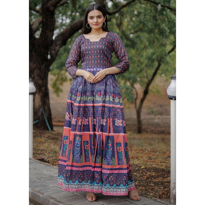 Blue Readymade Chanderi Kurti - JD986597337