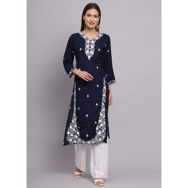 Blue Readymade Rayon Chikankari Kurti - JD986597287