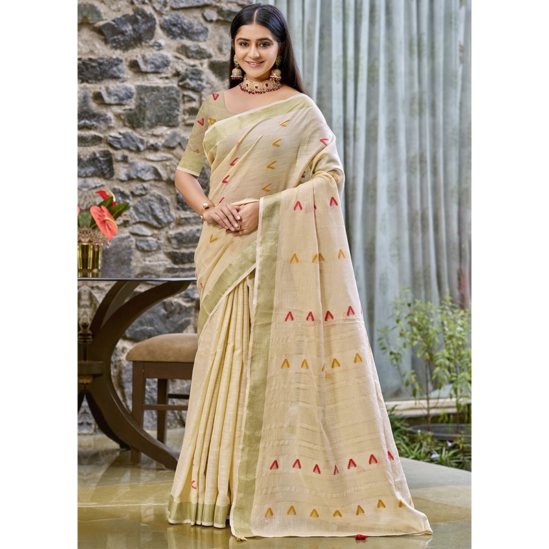 Cream Cotton Saree With Blouse Piece - JD986597467