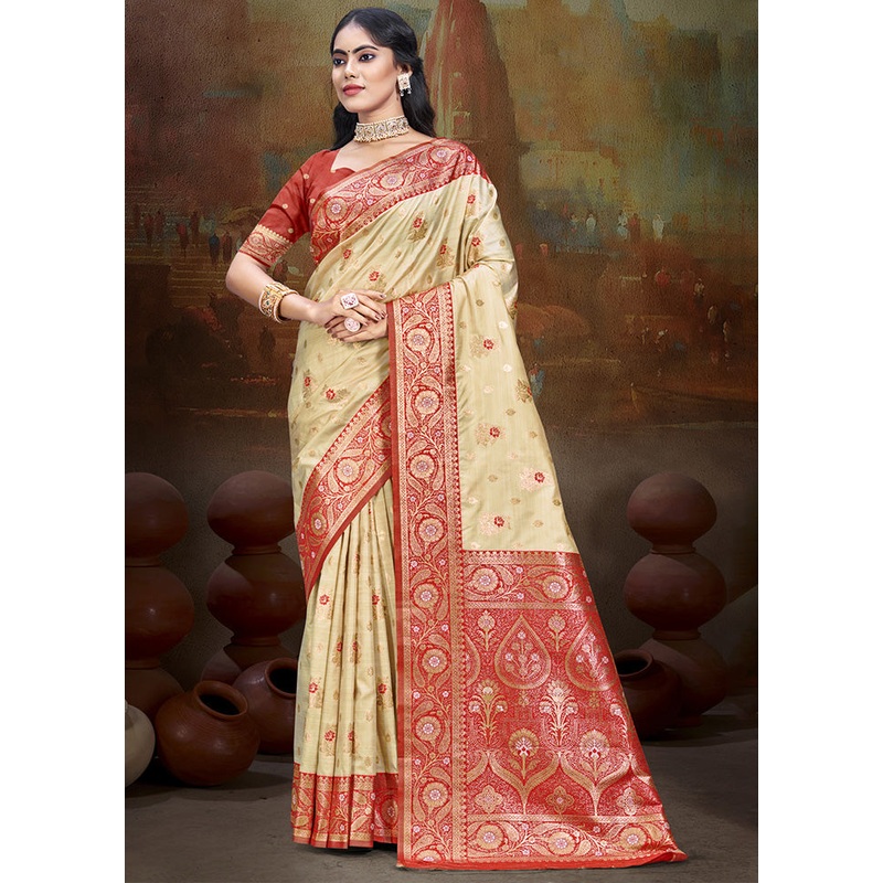 Cream Spun Silk Saree With Blouse Piece - JD986597456