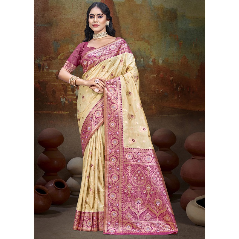 Cream Spun Silk Saree With Blouse Piece - JD986597457
