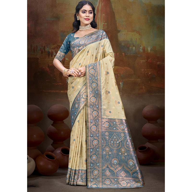 Cream Spun Silk Saree With Blouse Piece - JD986597458