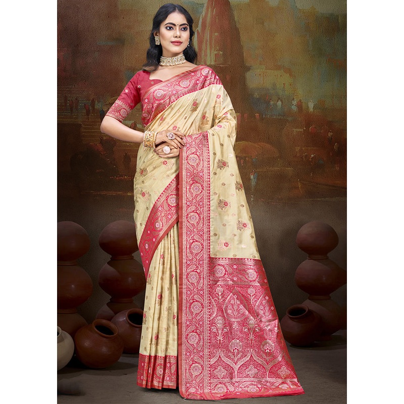 Cream Spun Silk Saree With Blouse Piece - JD986597459