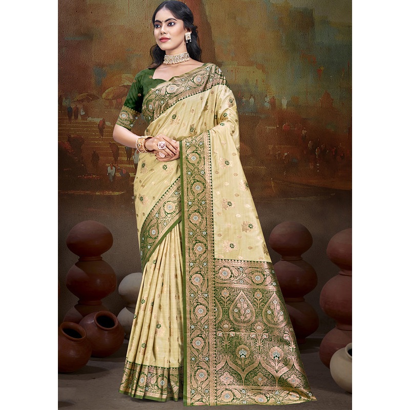 Cream Spun Silk Saree With Blouse Piece - JD986597460
