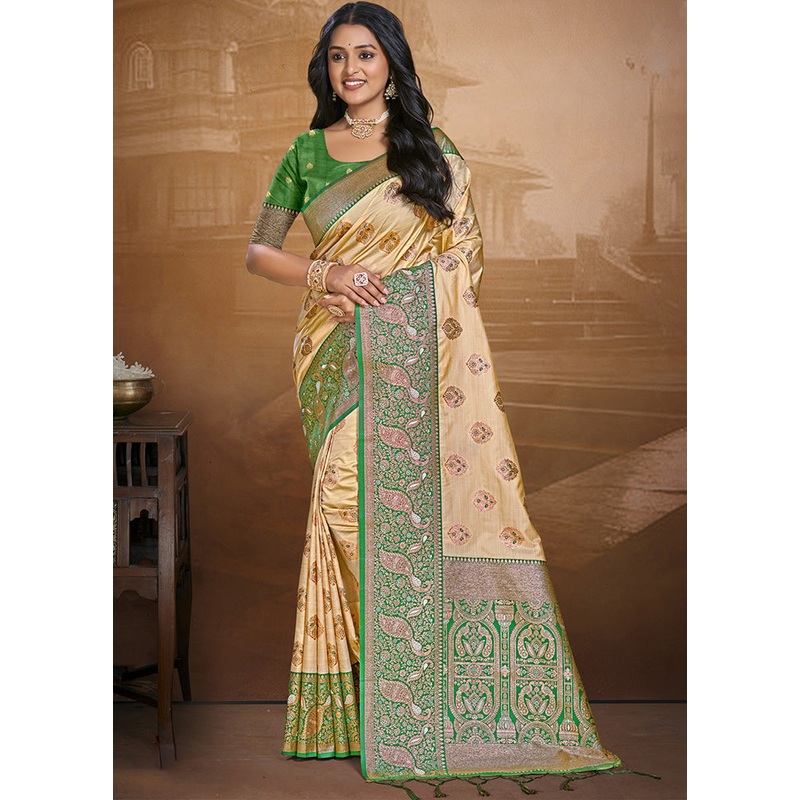 Cream Spun Silk Saree With Blouse Piece - JD986597461