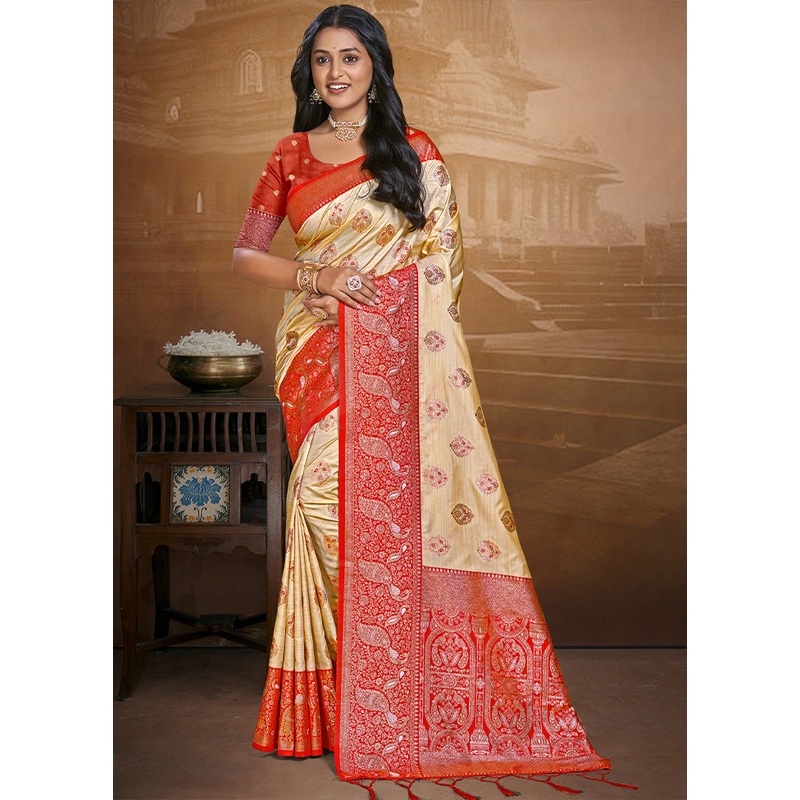 Cream Spun Silk Saree With Blouse Piece - JD986597462