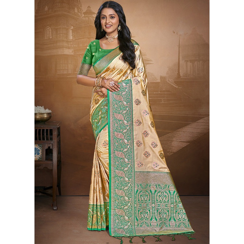 Cream Spun Silk Saree With Blouse Piece - JD986597463