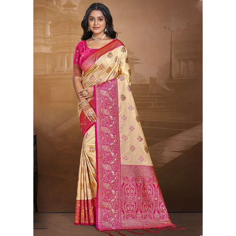 Cream Spun Silk Saree With Blouse Piece - JD986597464
