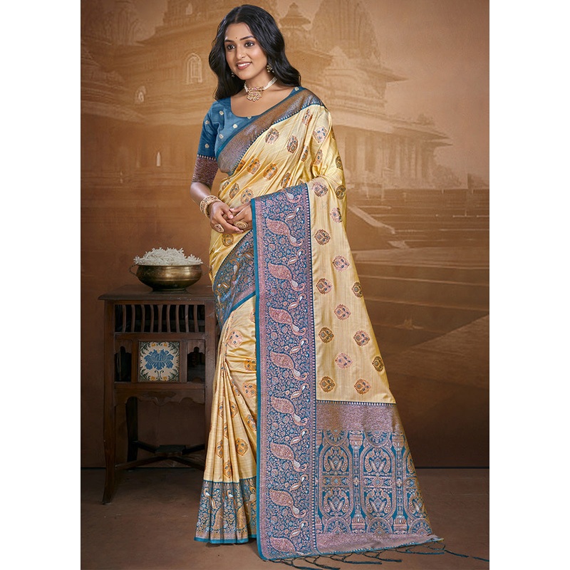 Cream Spun Silk Saree With Blouse Piece - JD986597465