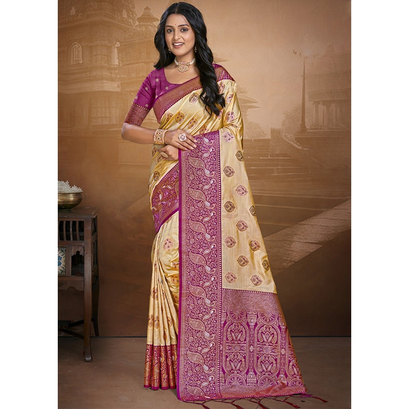Cream Spun Silk Saree With Blouse Piece - JD986597466