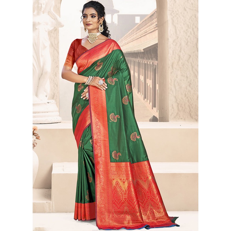 Dark Green Spun Silk Saree With Blouse Piece - JD986597455