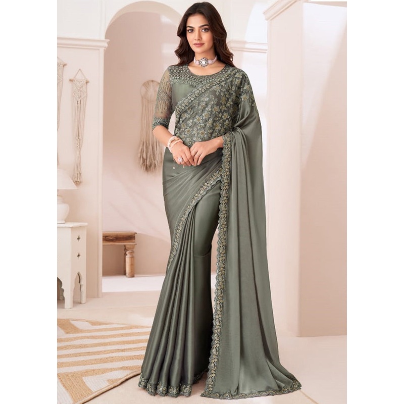 Dark Grey Satin Silk Saree With Blouse Piece - JD986597413