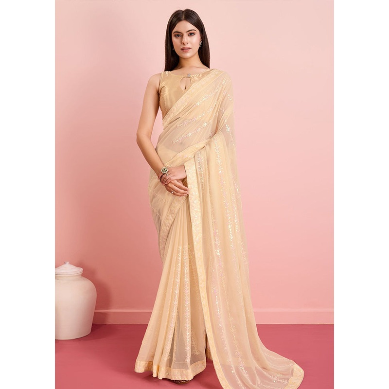 Gold Georgette Saree With Blouse Piece - JD986597412