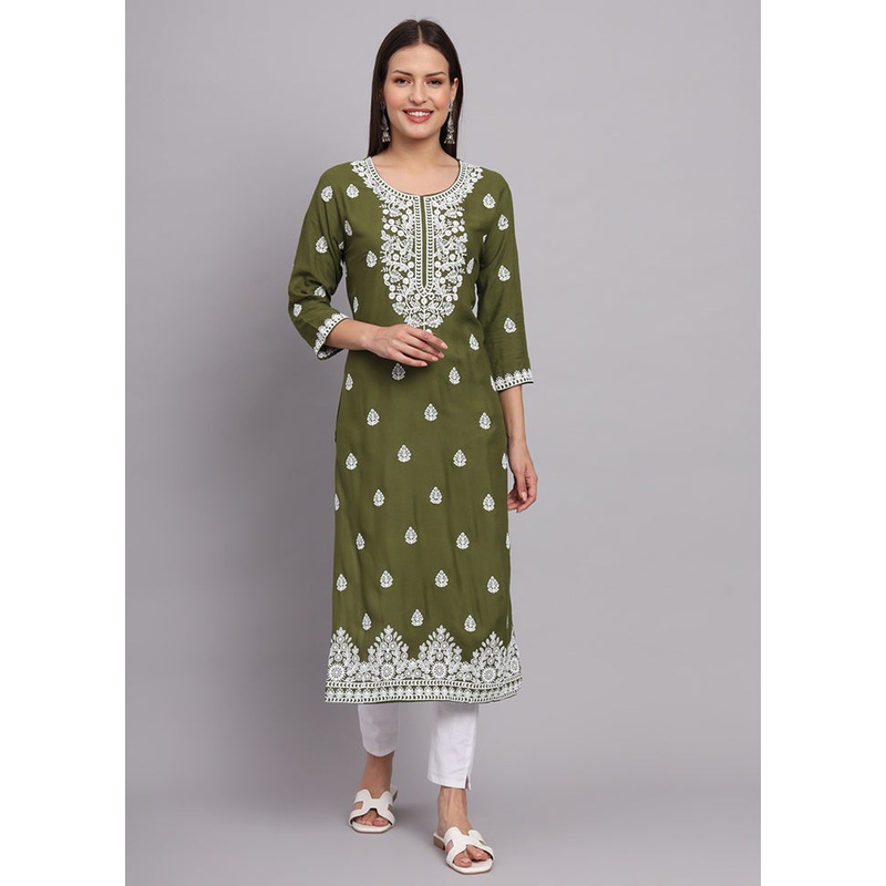 Green Readymade Rayon Chikankari Kurti - JD986597294