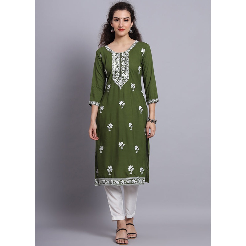 Green Readymade Rayon Chikankari Kurti - JD986597301