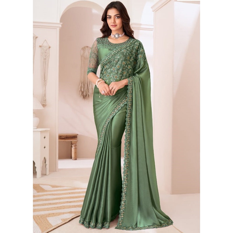Green Satin Silk Saree With Blouse Piece - JD986597411