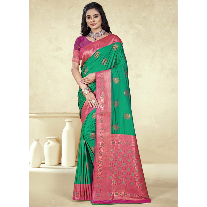 Green Spun Silk Saree With Blouse Piece - JD986597452