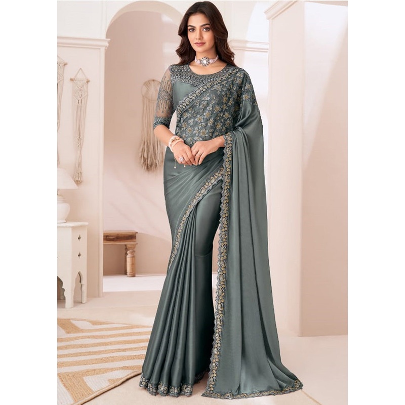 Grey Satin Silk Saree With Blouse Piece - JD986597410