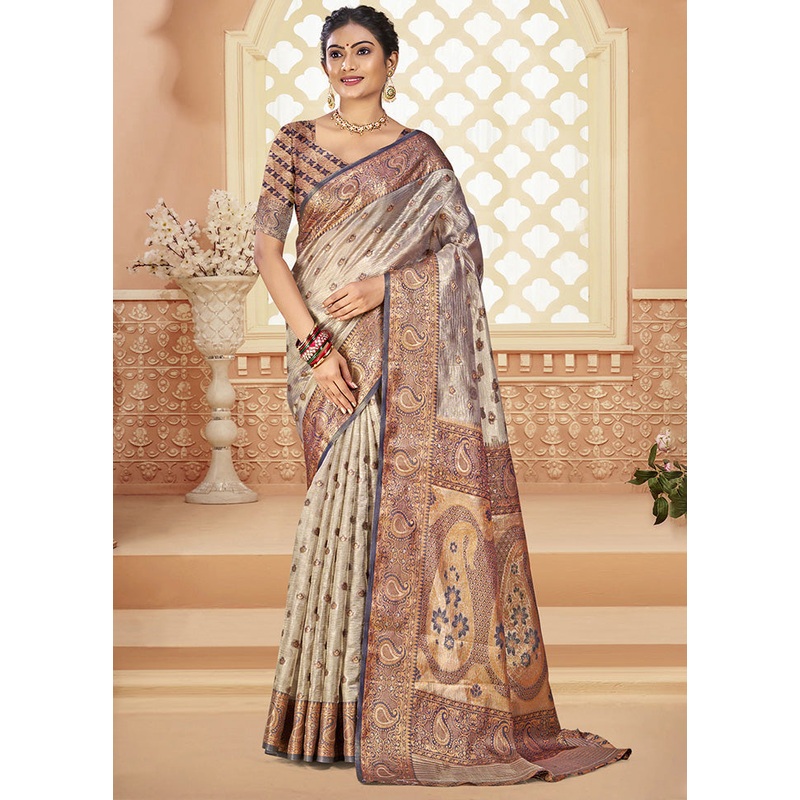 Grey Spun Silk Saree With Blouse Piece - JD986597451