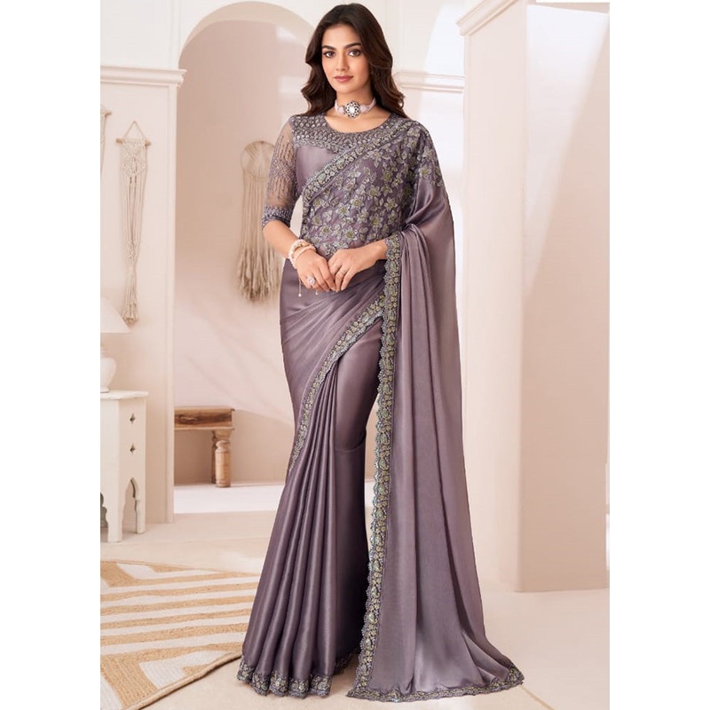 Lavender Satin Silk Saree With Blouse Piece - JD986597409