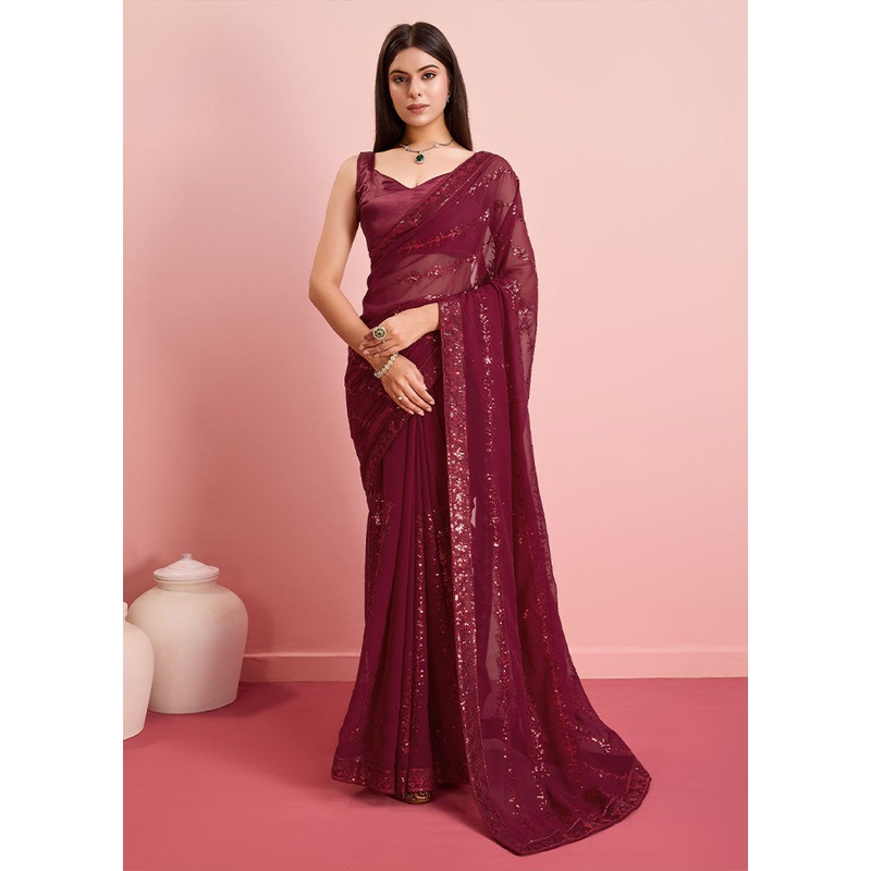 Maroon Georgette Saree With Blouse Piece - JD986597408