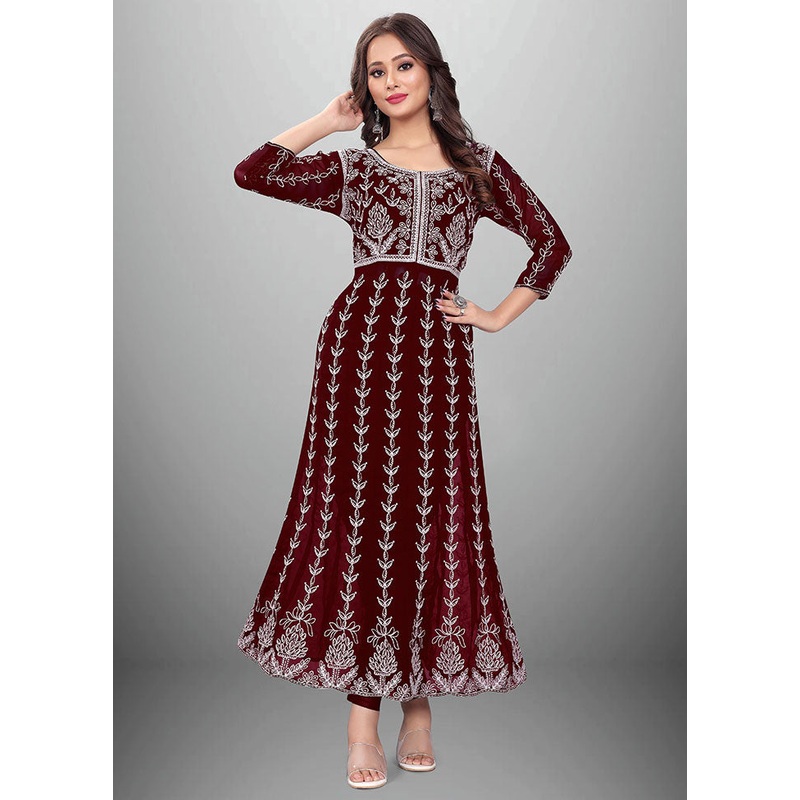 Maroon Readymade Georgette Chikankari Kurti - JD986597327