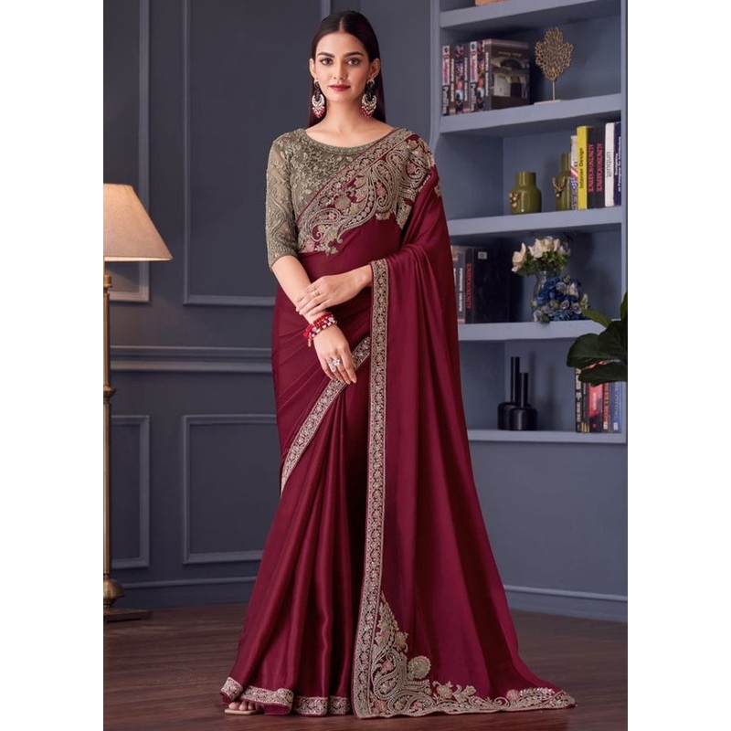 Maroon Satin Silk Saree With Blouse Piece - JD986597406