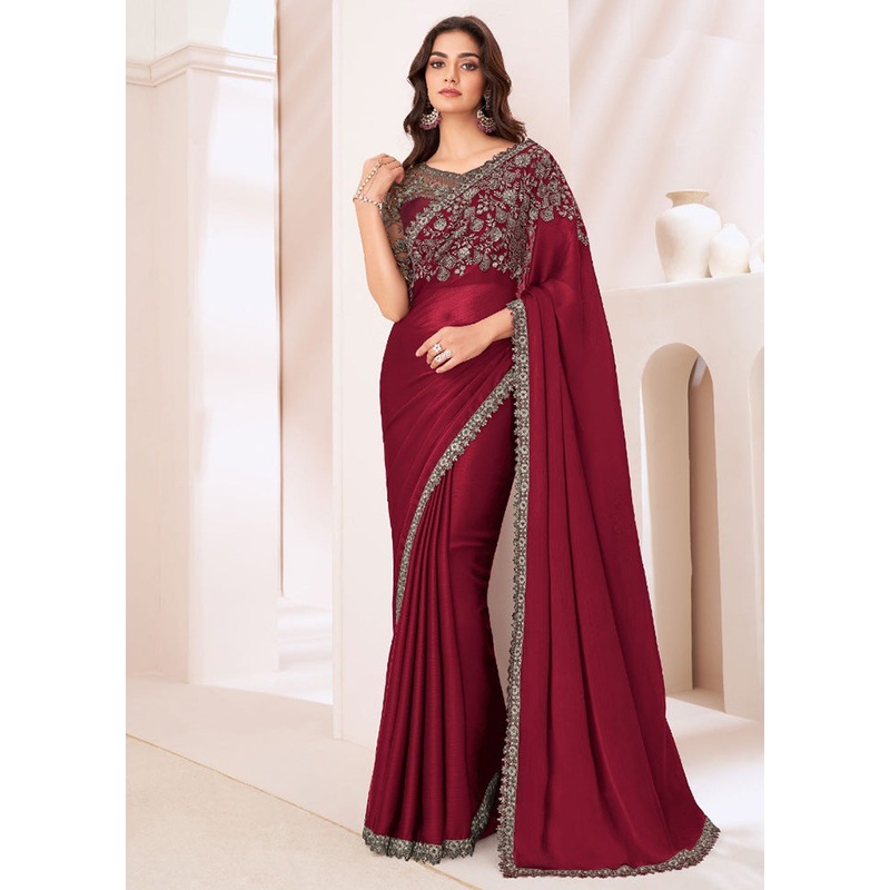 Maroon Satin Silk Saree With Blouse Piece - JD986597407