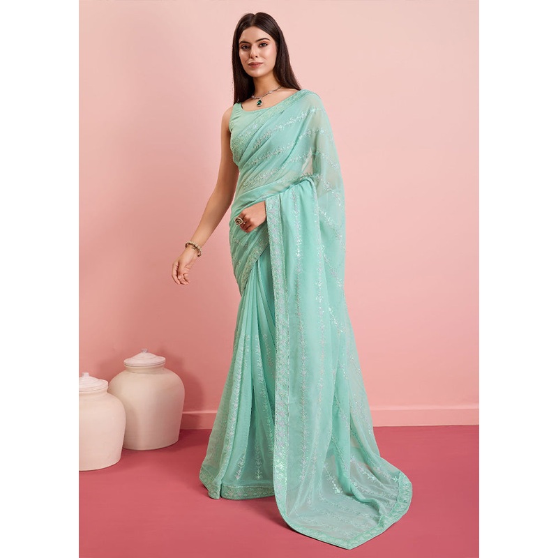 Mint Green Georgette Saree With Blouse Piece - JD986597404