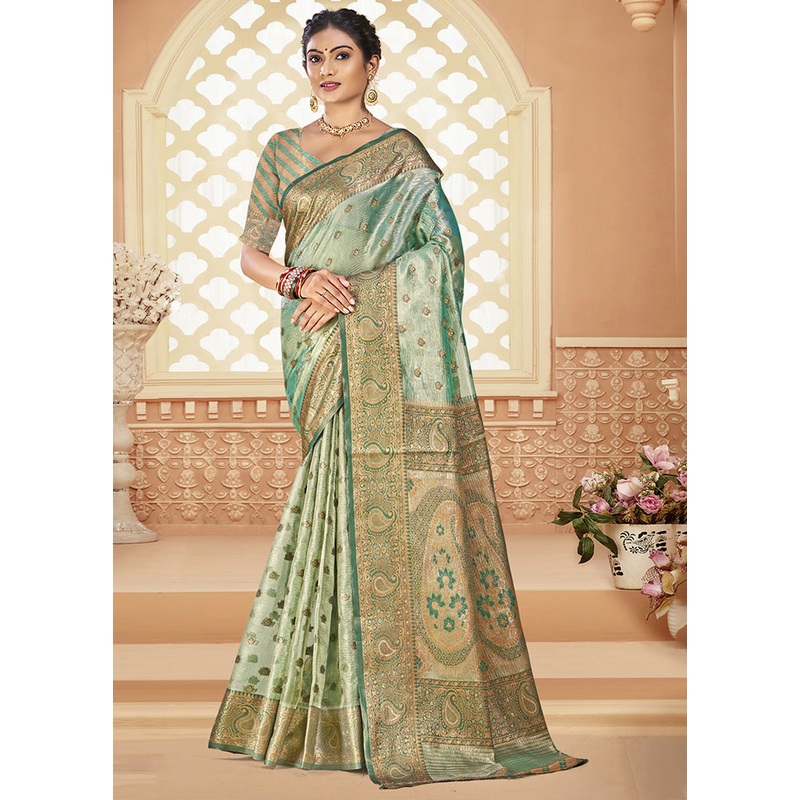 Mint Green Spun Silk Saree With Blouse Piece - JD986597448