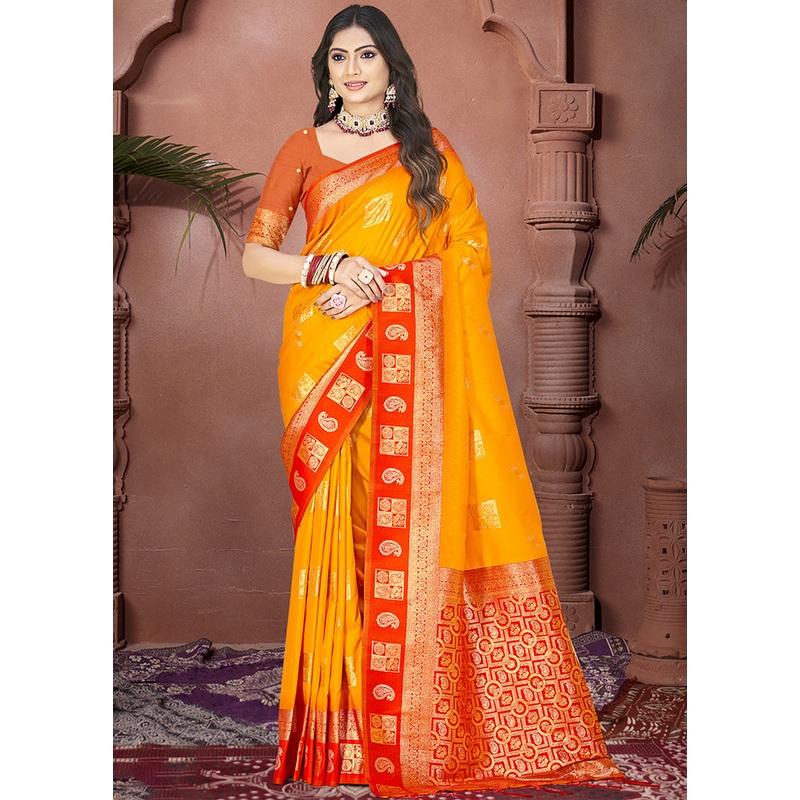 Mustard Spun Silk Saree With Blouse Piece - JD986597441