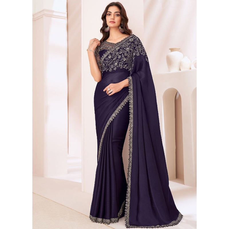 Navy Blue Satin Silk Saree With Blouse Piece - JD986597379